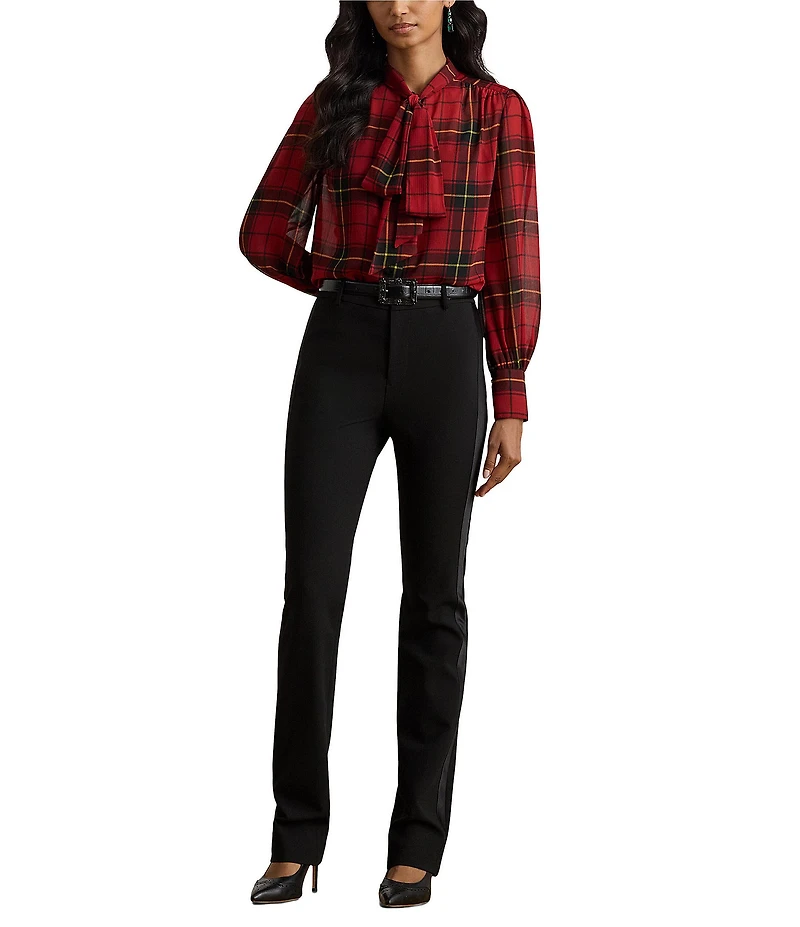Lauren Ralph Lauren Georgette Checkered Plaid Tie Neck Long Sleeve Blouse