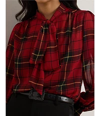Lauren Ralph Lauren Georgette Checkered Plaid Tie Neck Long Sleeve Blouse