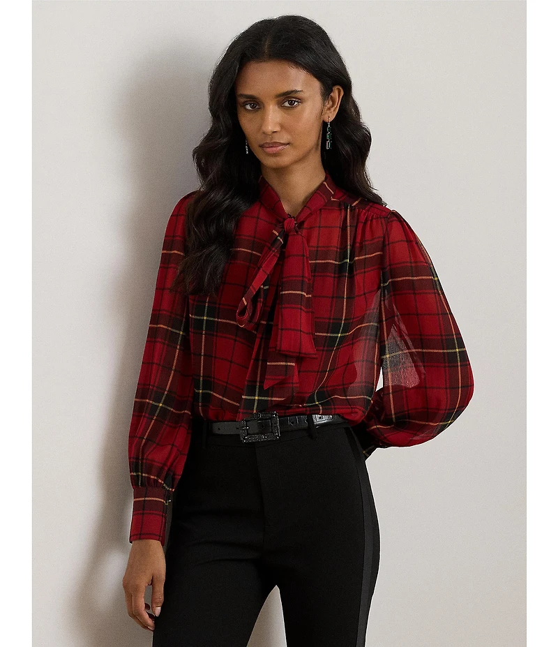 Lauren Ralph Lauren Georgette Checkered Plaid Tie Neck Long Sleeve Blouse