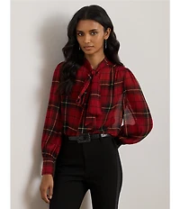 Lauren Ralph Lauren Georgette Checkered Plaid Tie Neck Long Sleeve Blouse