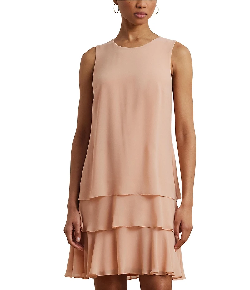 Lauren Ralph Lauren Georgette Crew Neck Sleeveless Tiered Shift Mini Dress