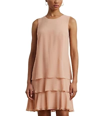 Lauren Ralph Lauren Georgette Crew Neck Sleeveless Tiered Shift Mini Dress