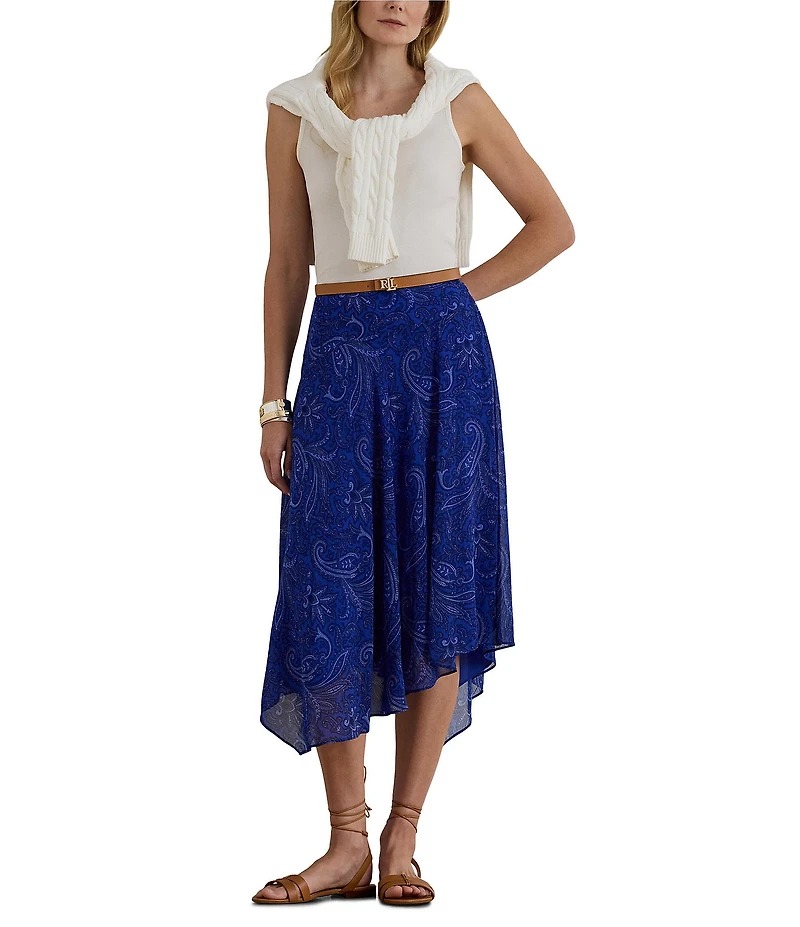 Lauren Ralph Lauren Georgette Crinkle Paisley A-Line Handkerchief Hem Skirt
