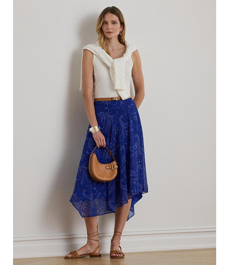 Lauren Ralph Lauren Georgette Crinkle Paisley A-Line Handkerchief Hem Skirt