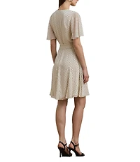Lauren Ralph Lauren Georgette Dotted Print V Neck Short Sleeve Belted Wrap Mini Dress