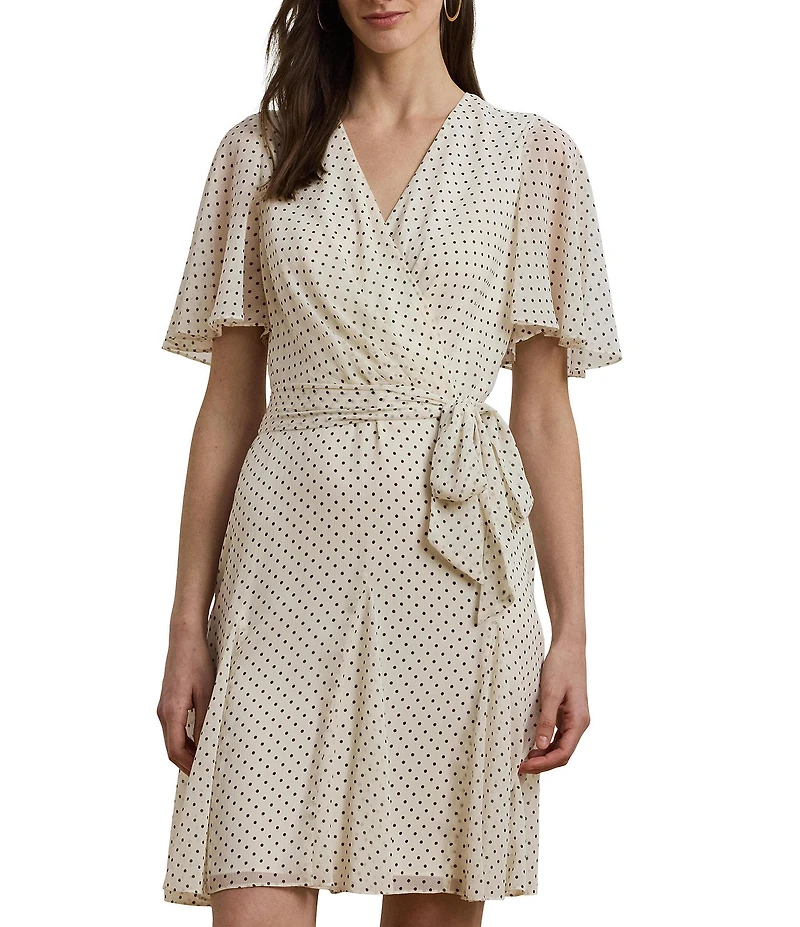 Lauren Ralph Lauren Georgette Dotted Print V Neck Short Sleeve Belted Wrap Mini Dress
