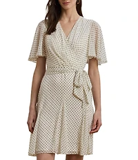 Lauren Ralph Lauren Georgette Dotted Print V Neck Short Sleeve Belted Wrap Mini Dress