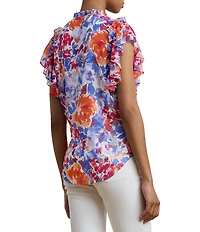 Lauren Ralph Lauren Georgette Floral Ruffle Trim V-Neck Flutter Sleeve Blouse