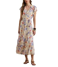 Lauren Ralph Lauren Georgette Floral Ruffle V-Neck Short Sleeve Tiered A-Line Maxi Dress