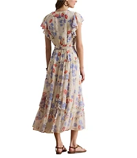 Lauren Ralph Lauren Georgette Floral Ruffle V-Neck Short Sleeve Tiered A-Line Maxi Dress