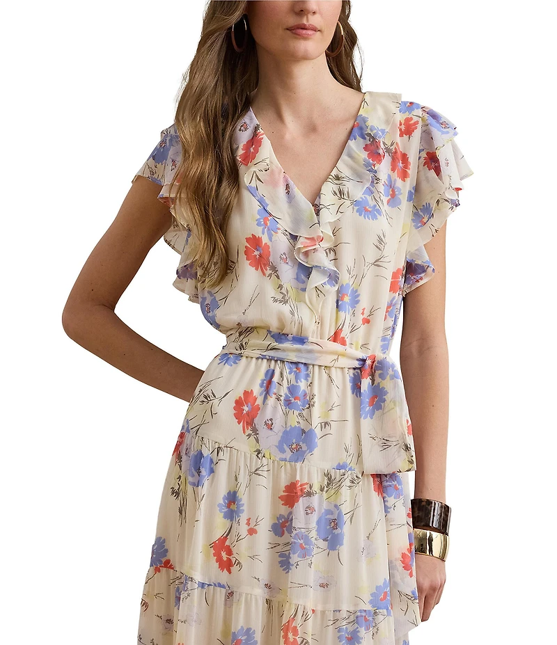 Lauren Ralph Lauren Georgette Floral Ruffle V-Neck Short Sleeve Tiered A-Line Maxi Dress