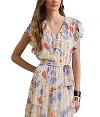 Lauren Ralph Lauren Georgette Floral Ruffle V-Neck Short Sleeve Tiered A-Line Maxi Dress
