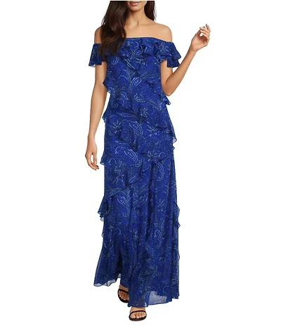 Lauren Ralph Lauren Georgette Off-The-Shoulder Cascading Ruffles Paisley Printed Gown