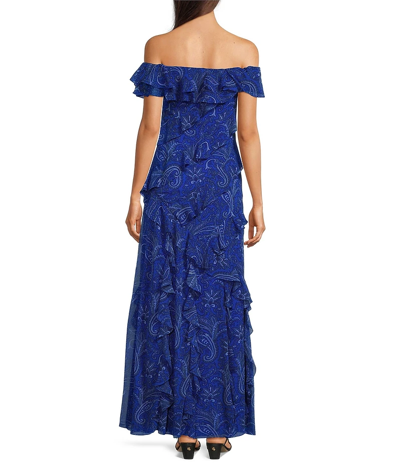 Lauren Ralph Lauren Georgette Off-The-Shoulder Cascading Ruffles Paisley Printed Gown
