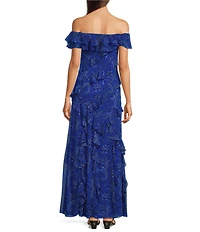 Lauren Ralph Lauren Georgette Off-The-Shoulder Cascading Ruffles Paisley Printed Gown