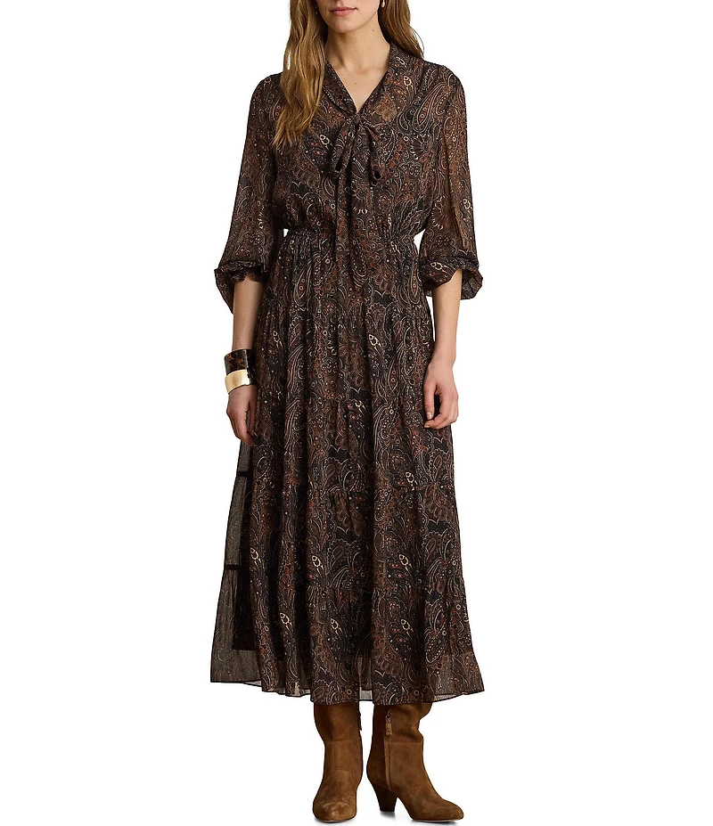 Lauren Ralph Lauren Georgette Paisley Print V-Neck Long Sleeve Tiered Skirt A-Line Dress