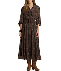Lauren Ralph Lauren Georgette Paisley Print V-Neck Long Sleeve Tiered Skirt A-Line Dress