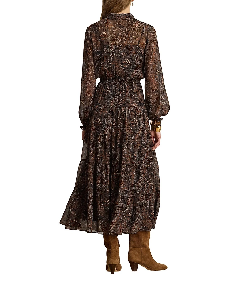 Lauren Ralph Lauren Georgette Paisley Print V-Neck Long Sleeve Tiered Skirt A-Line Dress