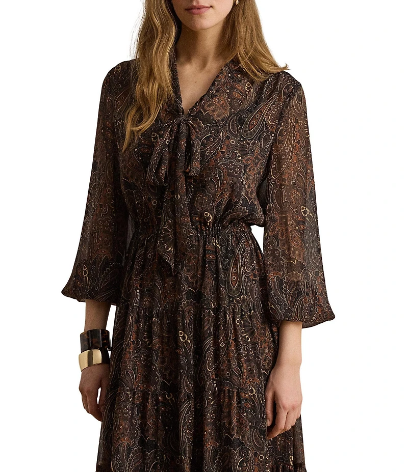 Lauren Ralph Lauren Georgette Paisley Print V-Neck Long Sleeve Tiered Skirt A-Line Dress