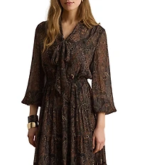 Lauren Ralph Lauren Georgette Paisley Print V-Neck Long Sleeve Tiered Skirt A-Line Dress
