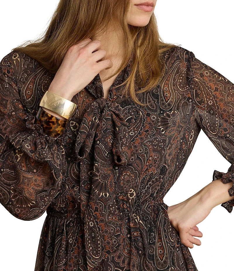 Lauren Ralph Lauren Georgette Paisley Print V-Neck Long Sleeve Tiered Skirt A-Line Dress