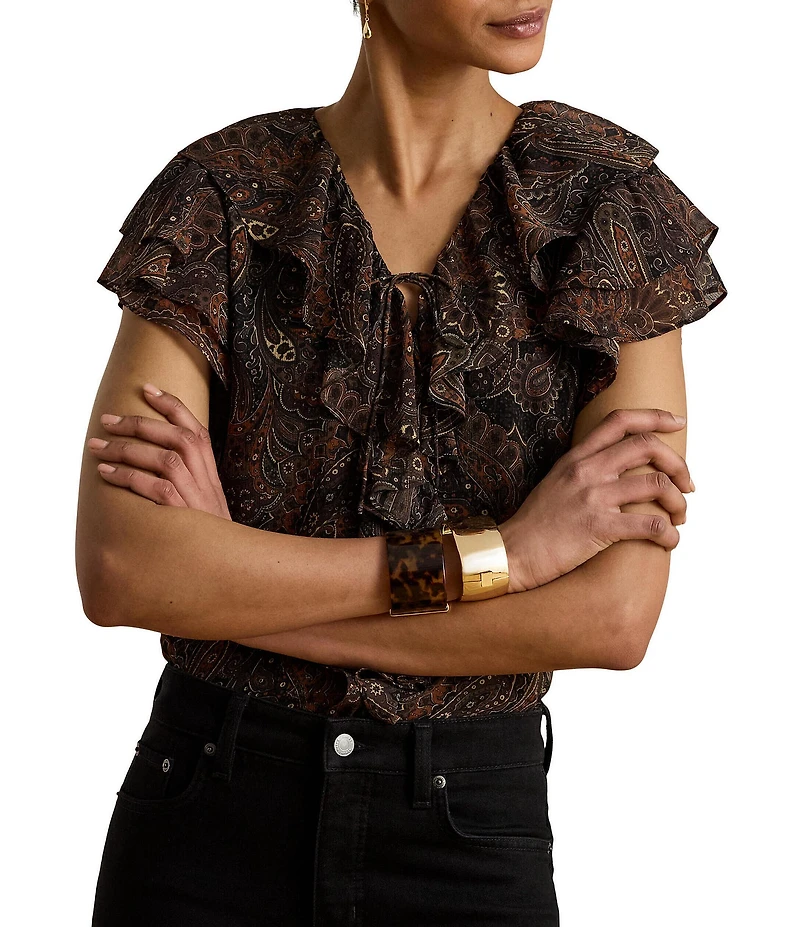 Lauren Ralph Lauren Georgette Paisley Print V-Neck Short Sleeve Blouse