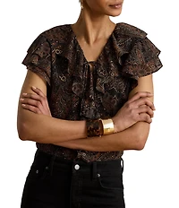 Lauren Ralph Lauren Georgette Paisley Print V-Neck Short Sleeve Blouse