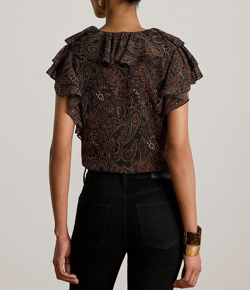 Lauren Ralph Lauren Georgette Paisley Print V-Neck Short Sleeve Blouse