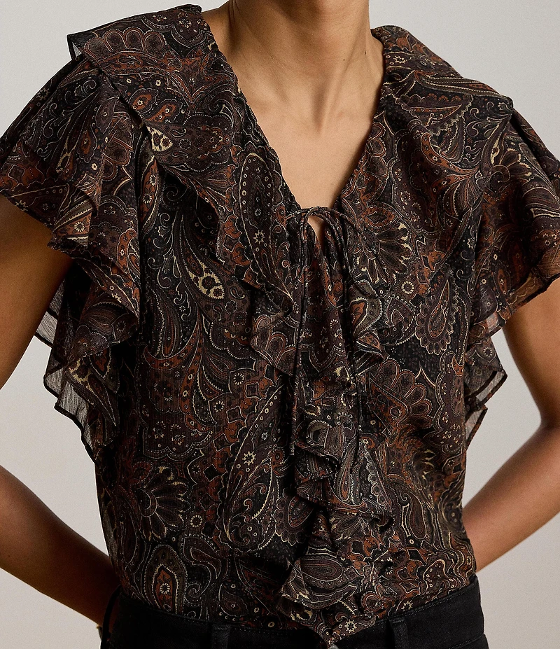 Lauren Ralph Lauren Georgette Paisley Print V-Neck Short Sleeve Blouse