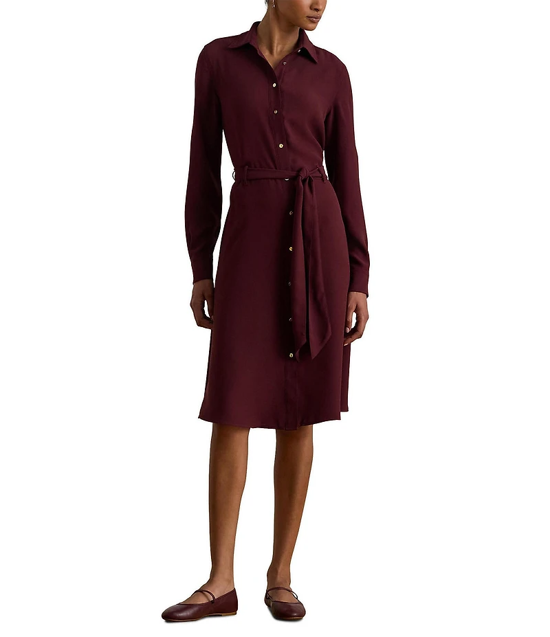 Lauren Ralph Lauren Georgette Point Collar Long Sleeve Belted Shirtdress