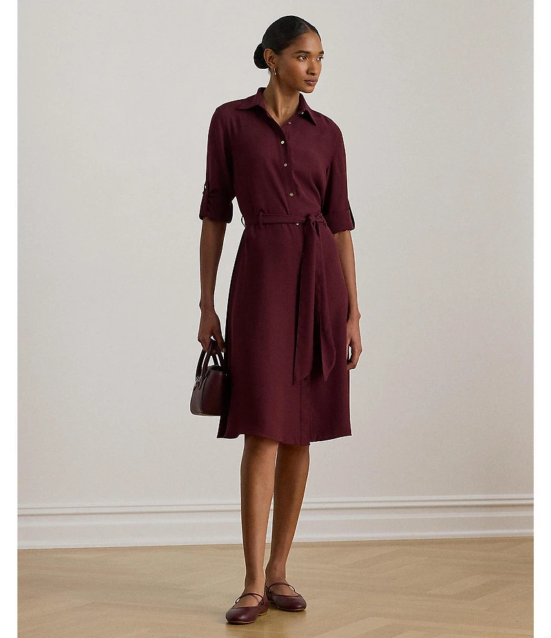 Lauren Ralph Lauren Georgette Point Collar Long Sleeve Belted Shirtdress