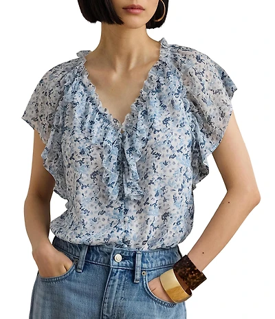 Lauren Ralph Lauren Georgette Print V-Neck Short Sleeve Blouse