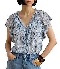 Lauren Ralph Lauren Georgette Print V-Neck Short Sleeve Blouse