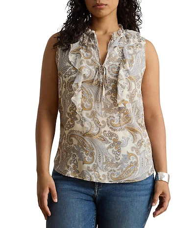 Lauren Ralph Lauren Georgette Print V-Neck Sleeveless Tee Shirt