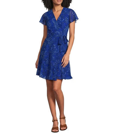 Lauren Ralph Lauren Georgette Short Sleeve V Neck Faux Wrap Short Dress