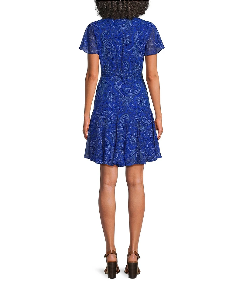 Lauren Ralph Lauren Georgette Short Sleeve V Neck Faux Wrap Short Dress