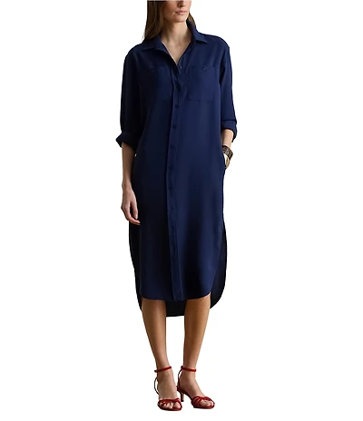 Lauren Ralph Lauren Georgette Spread Collar Long Sleeve Midi Shirtdress