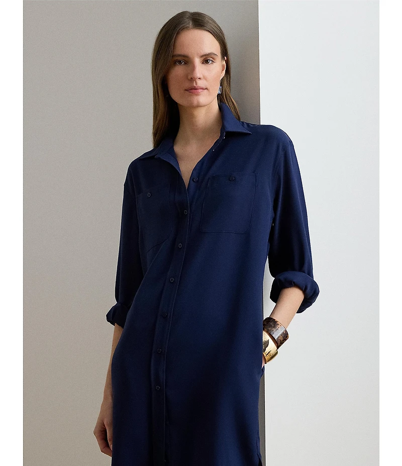 Lauren Ralph Lauren Georgette Spread Collar Long Sleeve Midi Shirtdress