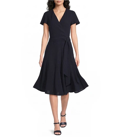 Lauren Ralph Lauren Georgette Surplice V-Neck Short Sleeve Belted Midi Dress