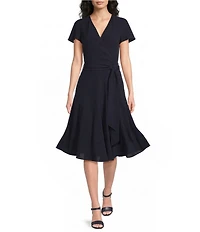 Lauren Ralph Lauren Georgette Surplice V-Neck Short Sleeve Belted Midi Dress