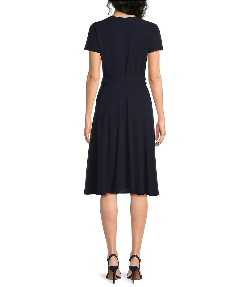 Lauren Ralph Lauren Georgette Surplice V-Neck Short Sleeve Belted Midi Dress