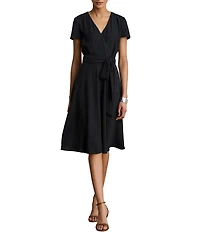 Lauren Ralph Lauren Georgette V-Neck Cap Sleeves A-Line Surplice Dress
