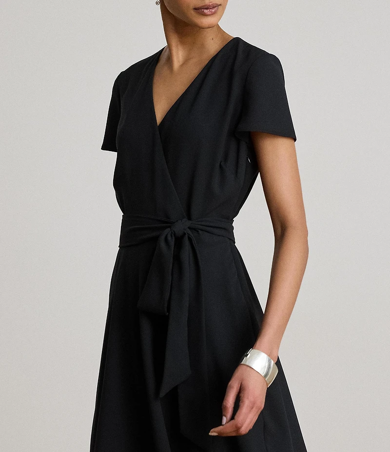 Lauren Ralph Lauren Georgette V-Neck Cap Sleeves A-Line Surplice Dress