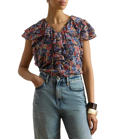 Lauren Ralph Lauren Georgette V-Neck Flutter Sleeve Blouse