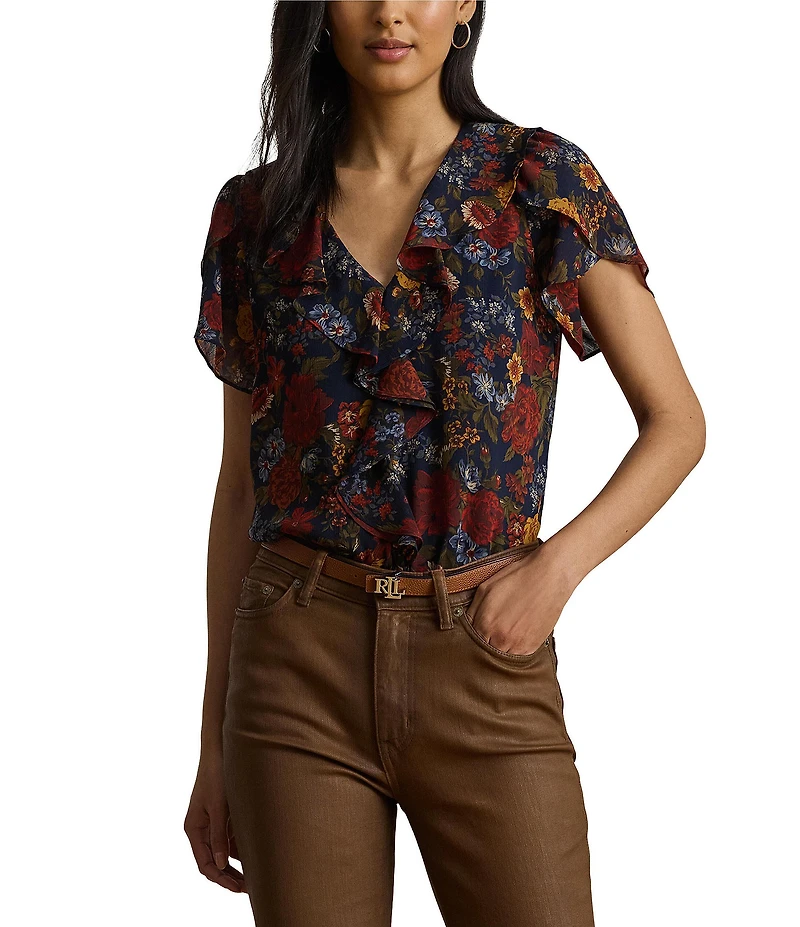 Lauren Ralph Lauren Georgette V-Neck Flutter Sleeve Floral Print Ruffle Trim Blouse