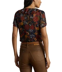 Lauren Ralph Lauren Georgette V-Neck Flutter Sleeve Floral Print Ruffle Trim Blouse