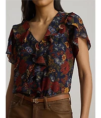 Lauren Ralph Lauren Georgette V-Neck Flutter Sleeve Floral Print Ruffle Trim Blouse