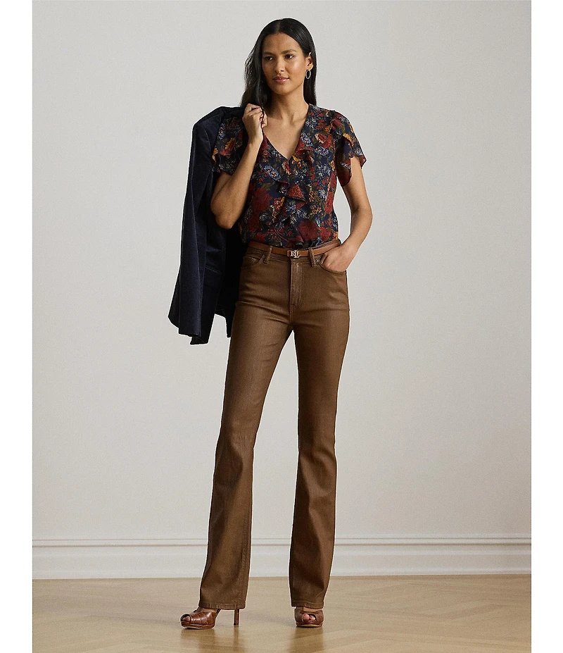 Lauren Ralph Lauren Georgette V-Neck Flutter Sleeve Floral Print Ruffle Trim Blouse