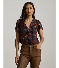 Lauren Ralph Lauren Georgette V-Neck Flutter Sleeve Floral Print Ruffle Trim Blouse
