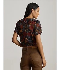 Lauren Ralph Lauren Georgette V-Neck Flutter Sleeve Floral Print Ruffle Trim Blouse